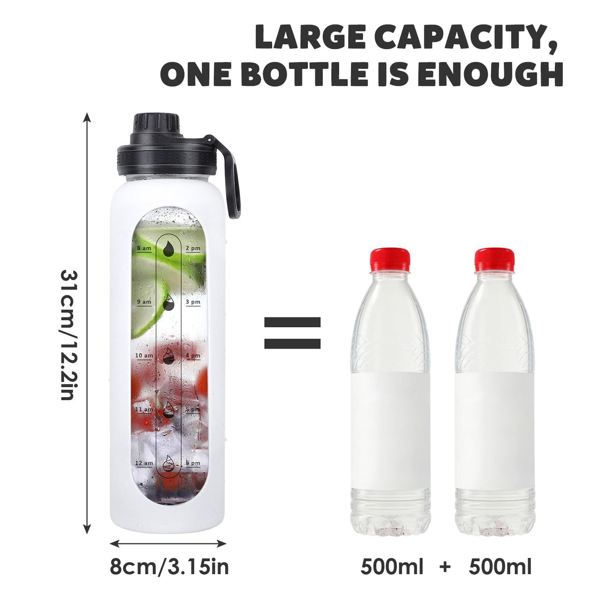 32oz Glass Water Bottle with Silicone Sleeve & Time Marker