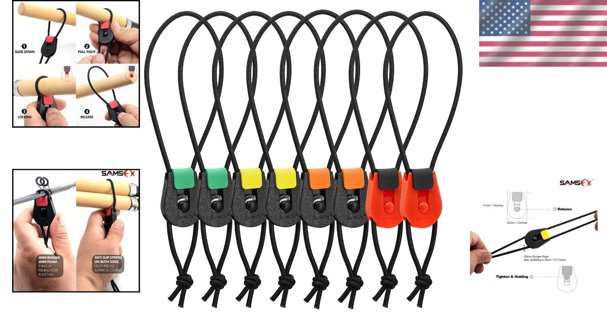 Adjustable Fishing Rod Straps Pack of 8 with Color-Coded Elastic Bands