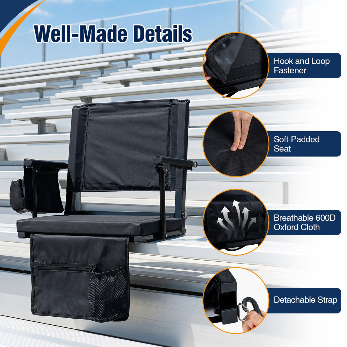 2-Pack Folding Stadium Seats with Cup Holders & Pockets