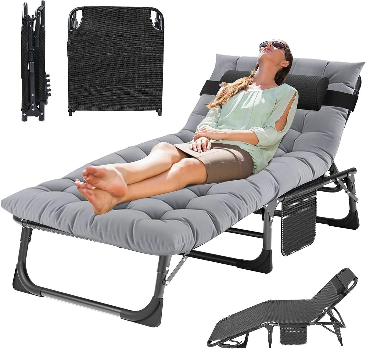 Adults Folding Camping Cot with Adjustable Headrest and Mattress