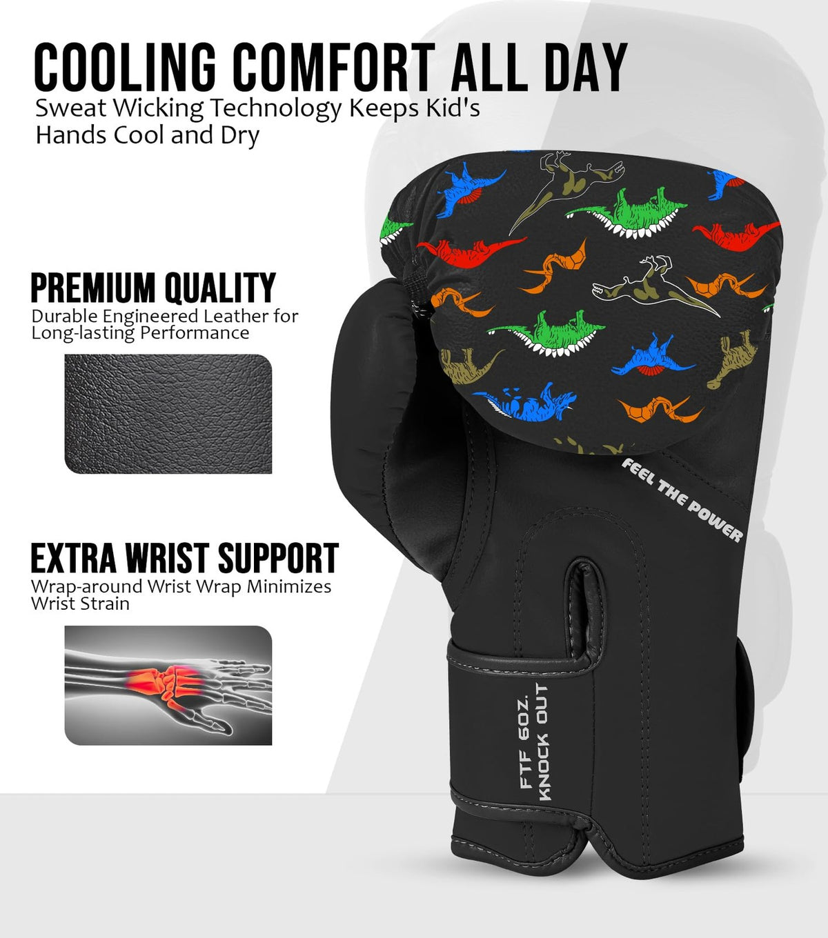 Youth Boxing Gloves 6oz - Exxact Sports Knockout Dinosaur Kids Training Gloves