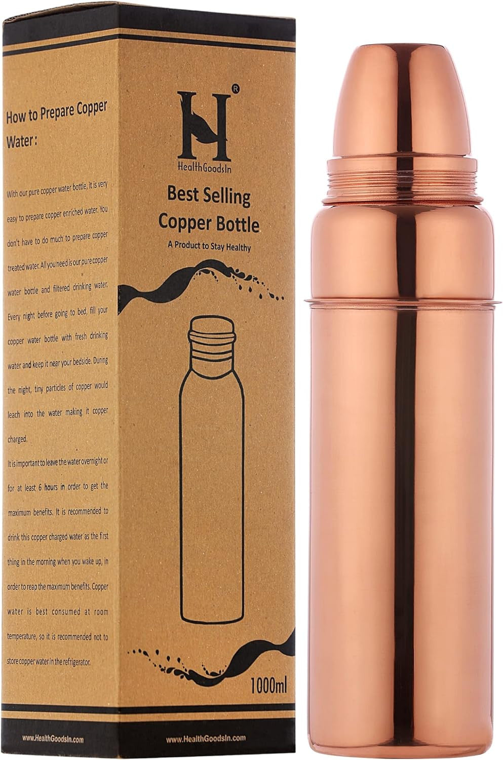 Pure Copper Water Bottle 900ml with Cup Unlined & Lacquer-Free