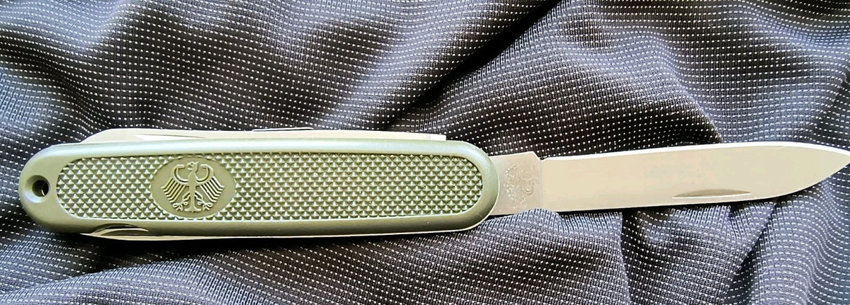 German Military Folding Pocket Knife with 5 Tools and Olive Drab Handle
