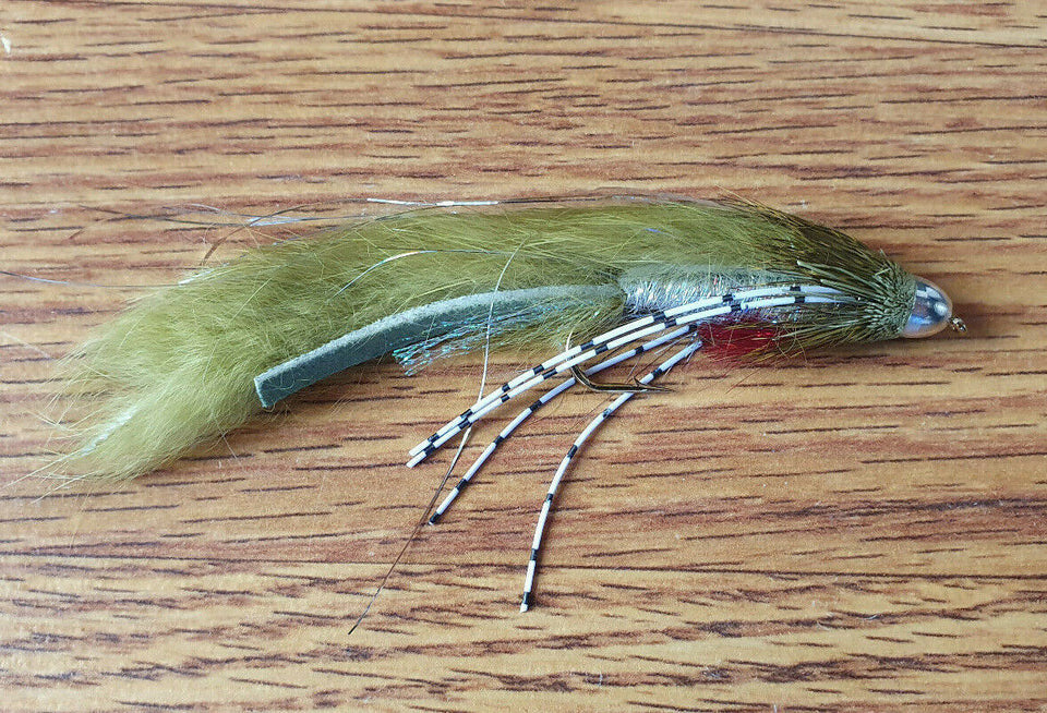 Six Size 2 Olive Muddy Buddy Fishing Flies Cone Head Tied on Steel Hooks