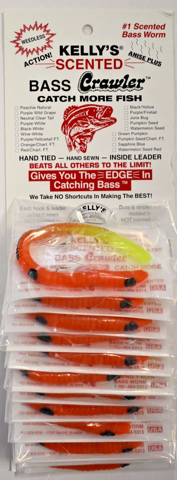 Pre-Rigged Bass Worms with Scented Crawler Baits - 12 Pack, Orange & Chartreuse