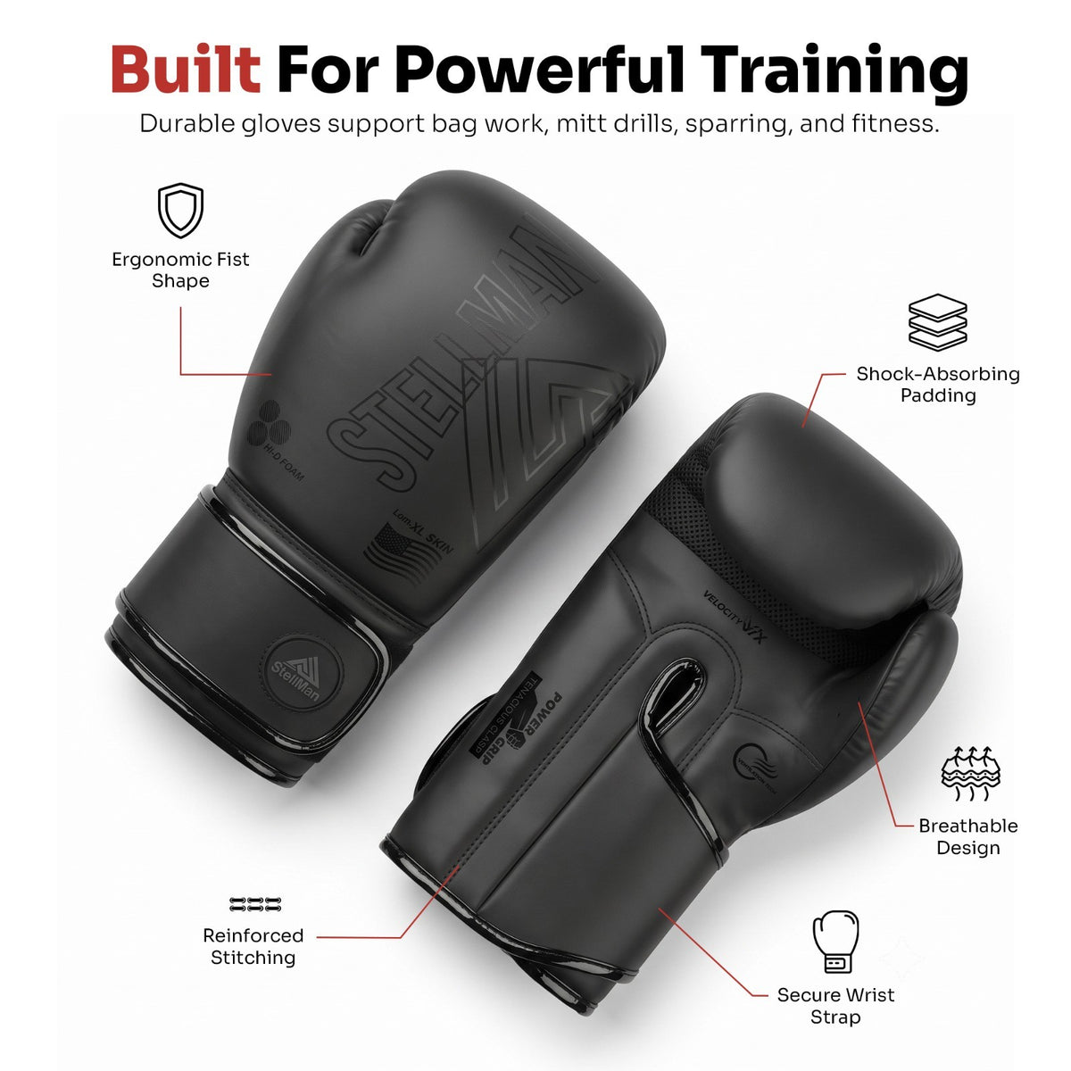 Black Boxing Gloves Sparring Kickboxing Punching Gear for Men Women