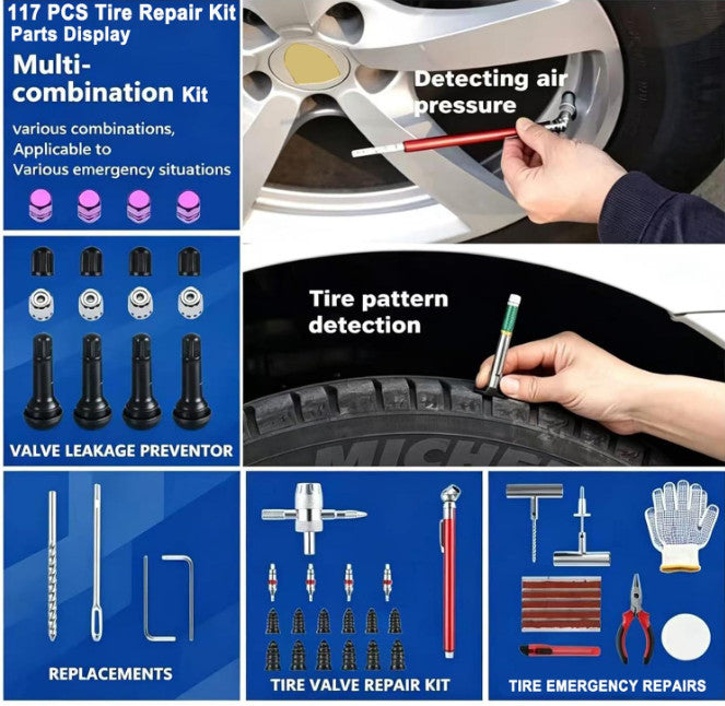 Automotive Tire Repair Kit 117 Pieces for Cars Motorcycles Trucks ATV