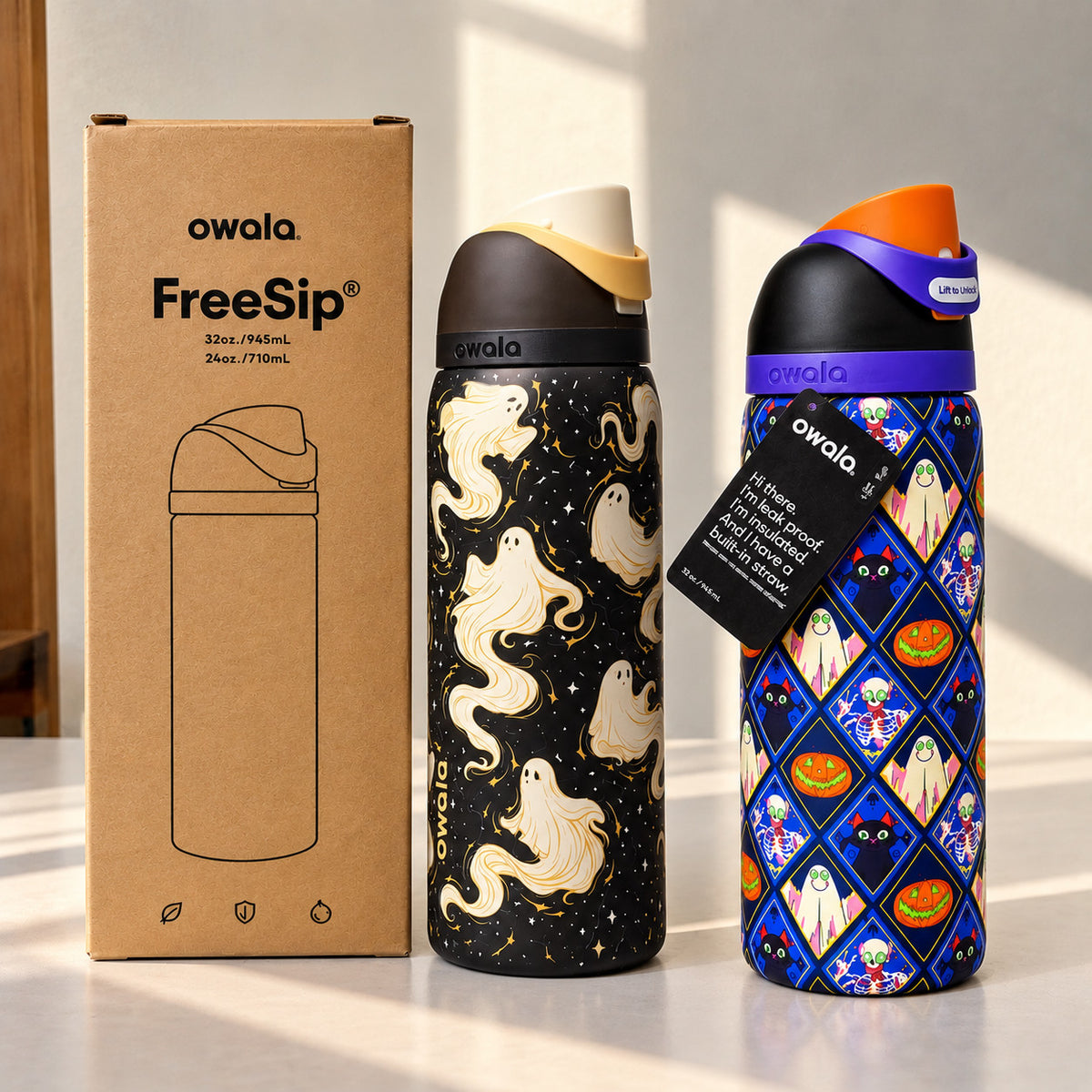Halloween Themed 32oz Insulated Water Bottle with Built-In Straw - Spooky Ghost Design