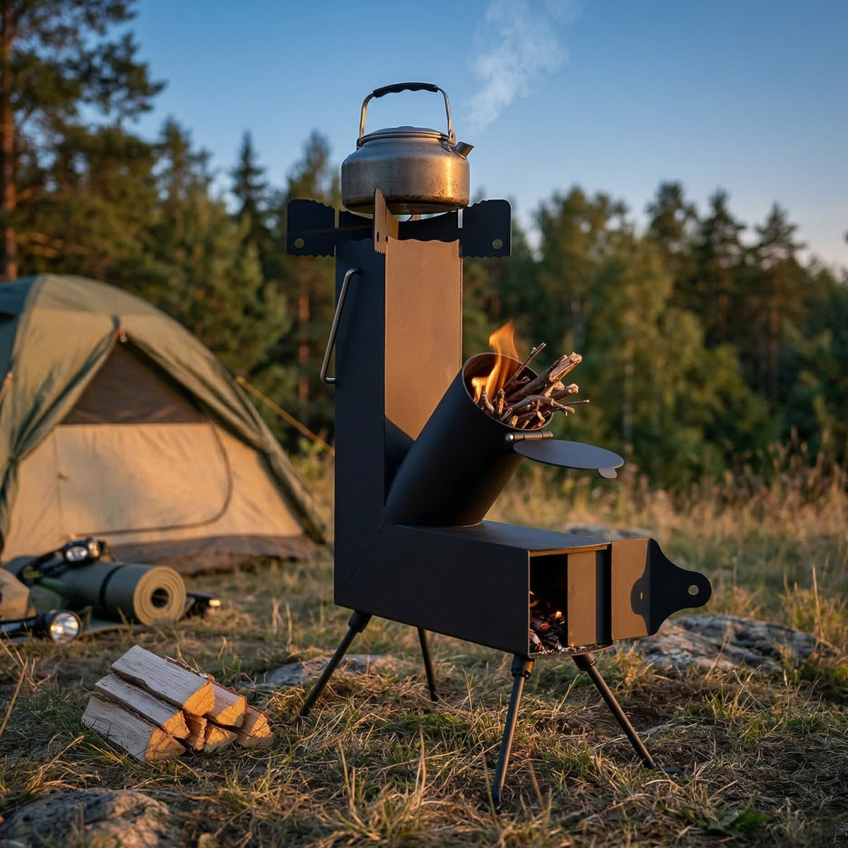 Heavy Duty Portable Camping Rocket Stove for Off-Grid Cooking & Survival