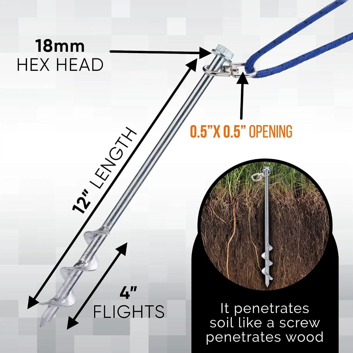 12 Inch Steel Ground Anchors for Tents, Trampolines & Outdoor Equipment