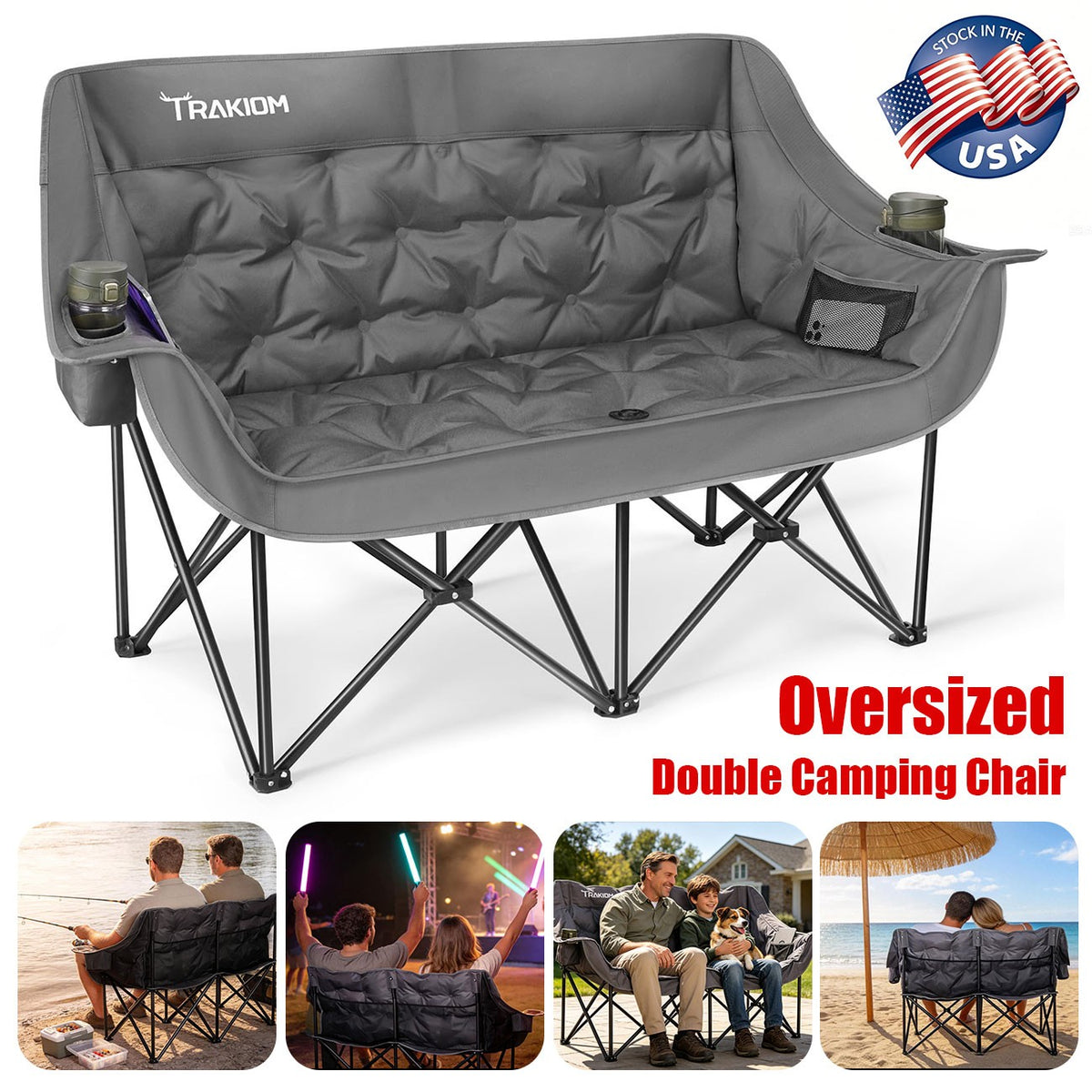 Heavy Duty 2-Person Camping Loveseat Folding Chair with Carry Bag