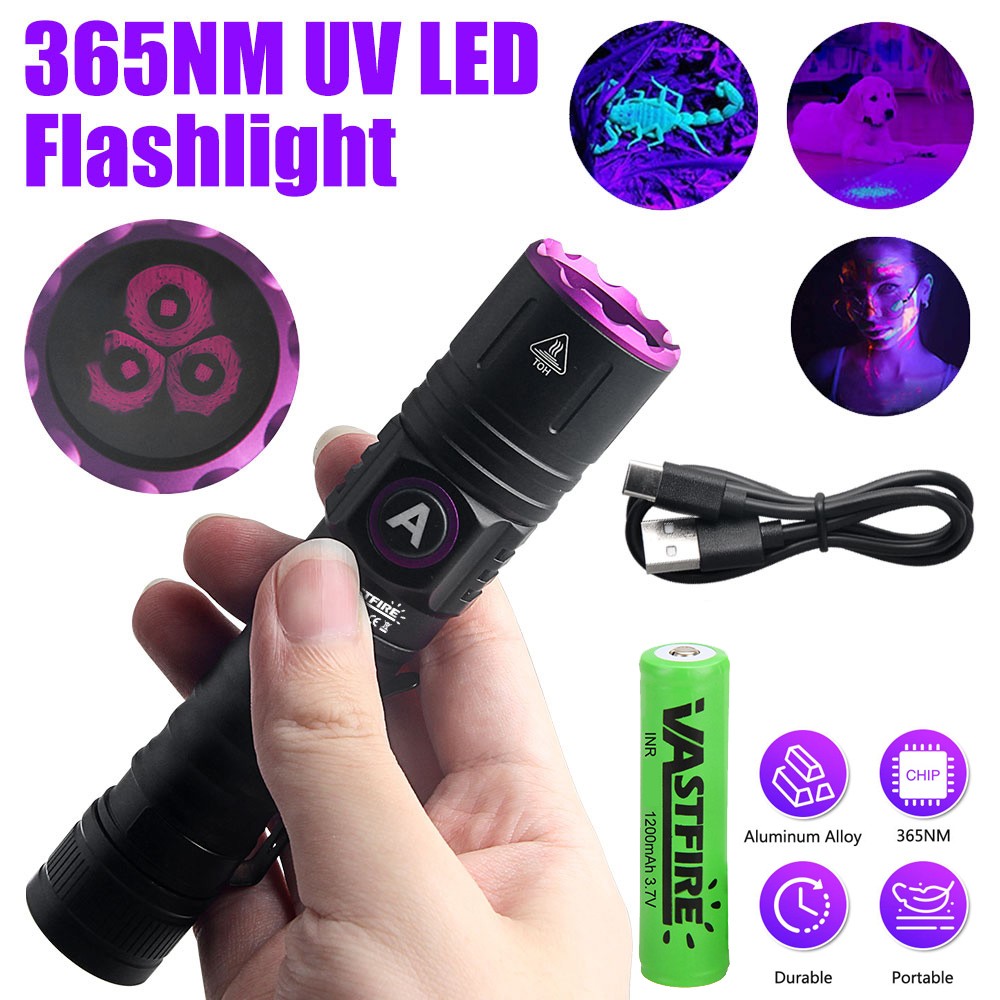 UV Flashlight 365nm LED Inspection Torch Rechargeable Blacklight
