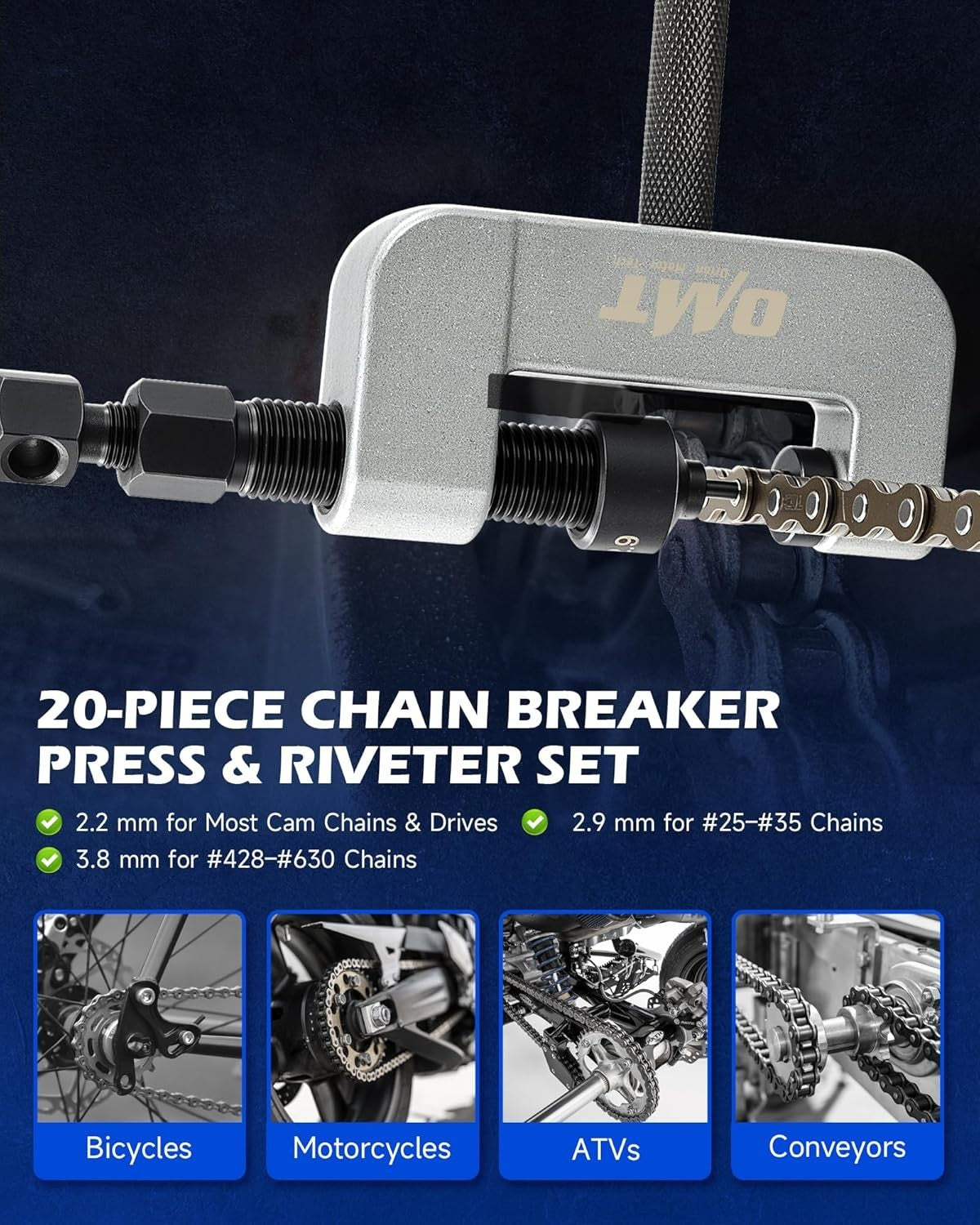 Motorcycle Chain Rivet Tool Kit 19-Piece with Powder Coated C-Frame for Chain Maintenance