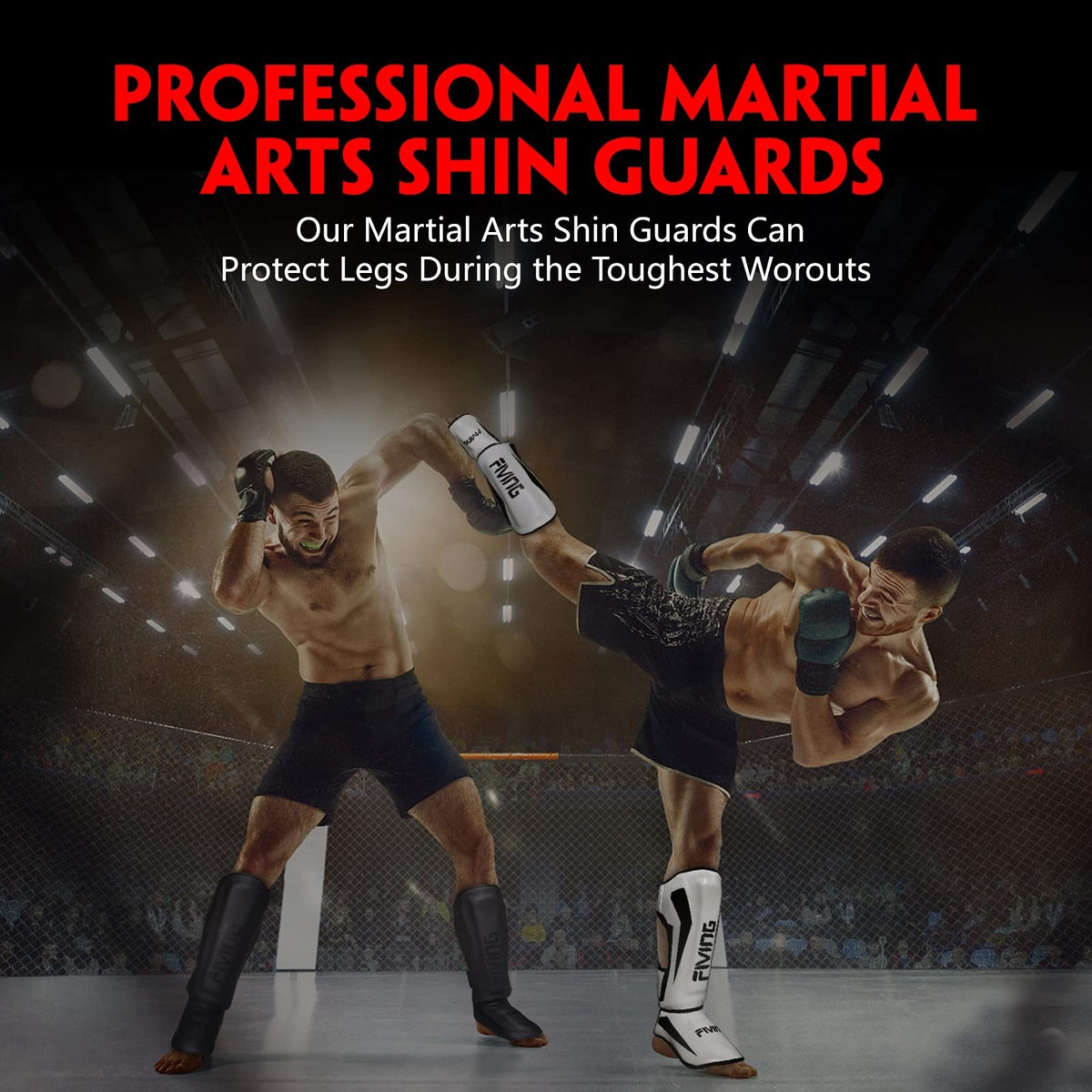 Martial Arts Shin Guards - Muay Thai Kickboxing Padded Protective Gear Medium Black