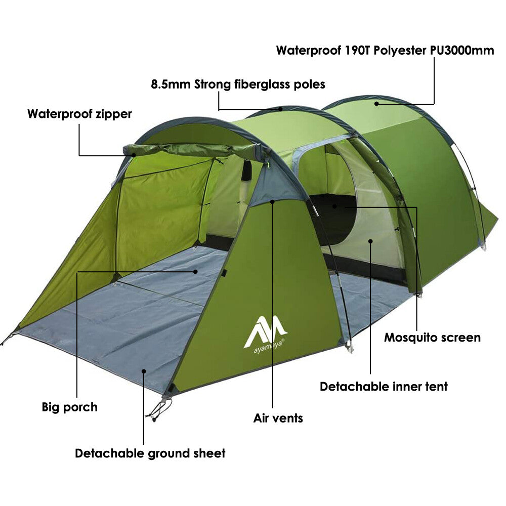 4 Person Waterproof Dome Tunnel Camping Tent with Vestibule