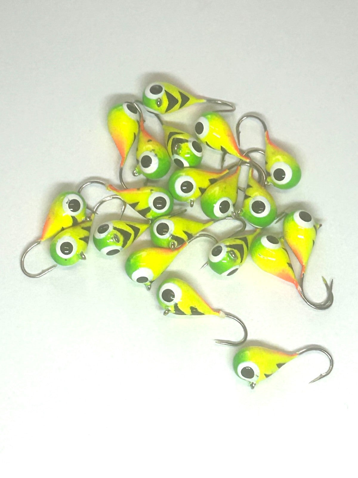 20-Pack Tungsten Ice Fishing Jigs - Hot FireTiger Pattern for Crappie Perch Walleye