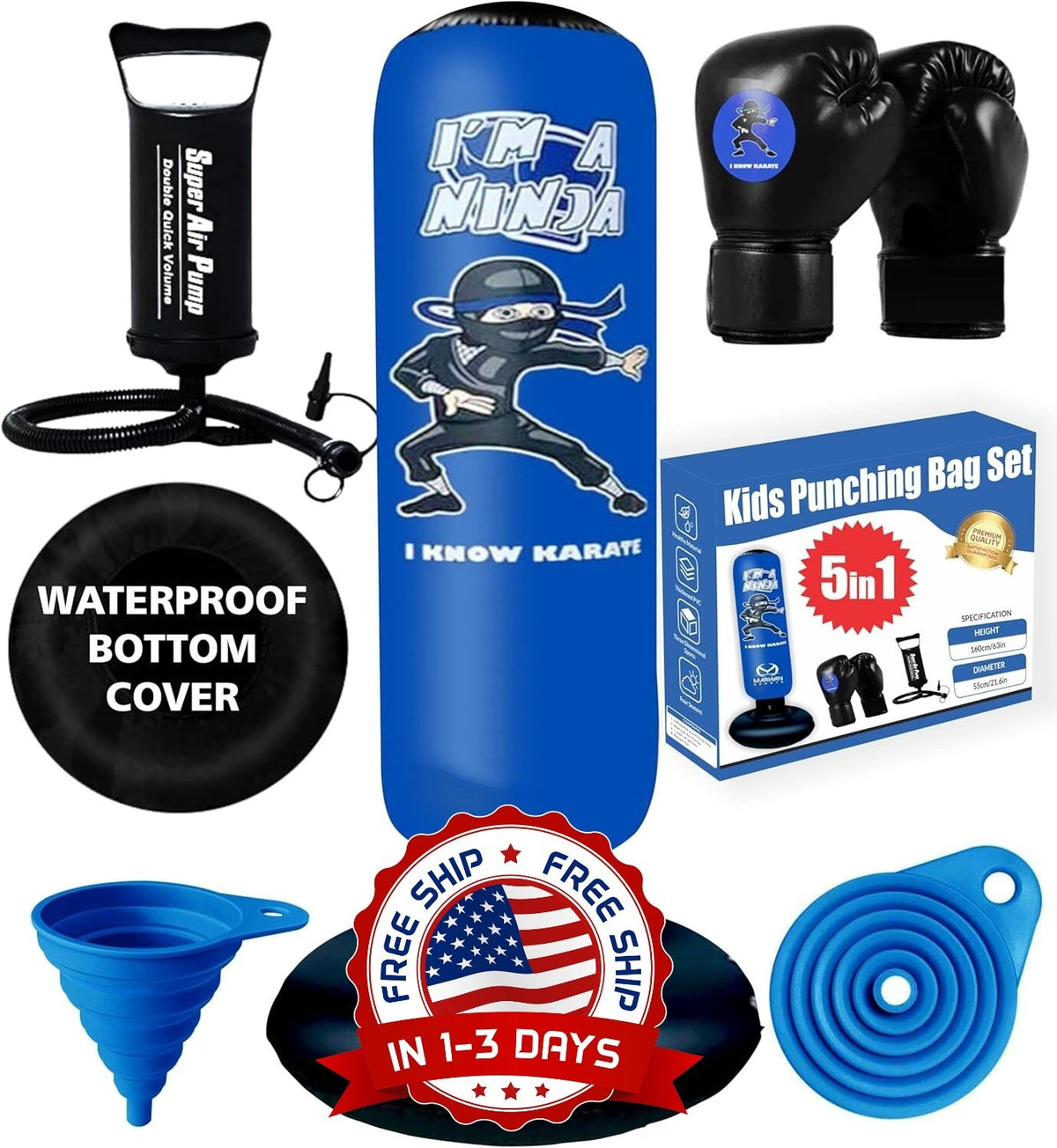 Kids Punching Bag Set 5-in-1 Durable Inflatable Boxing Sack for Children