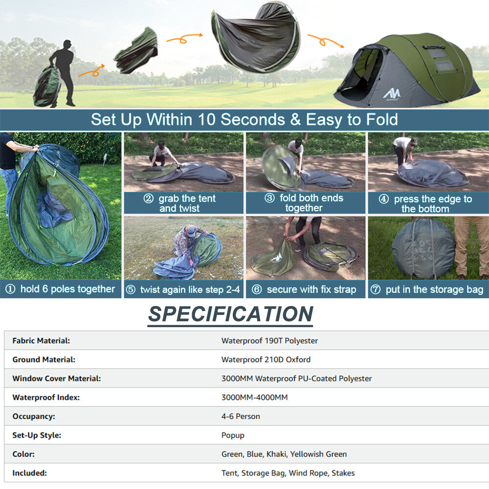 4-6 Person Waterproof Camping Tent with Instant Pop-Up Design and Double Layer
