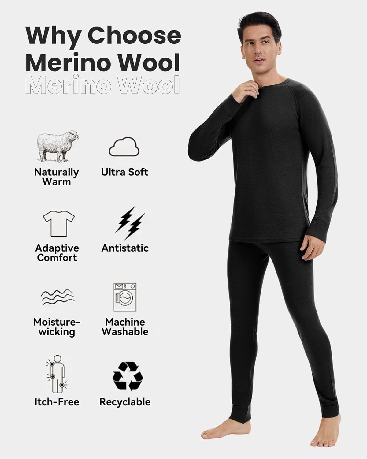 Men's Merino Wool Base Layer Set Thermal Underwear Midweight S-XL