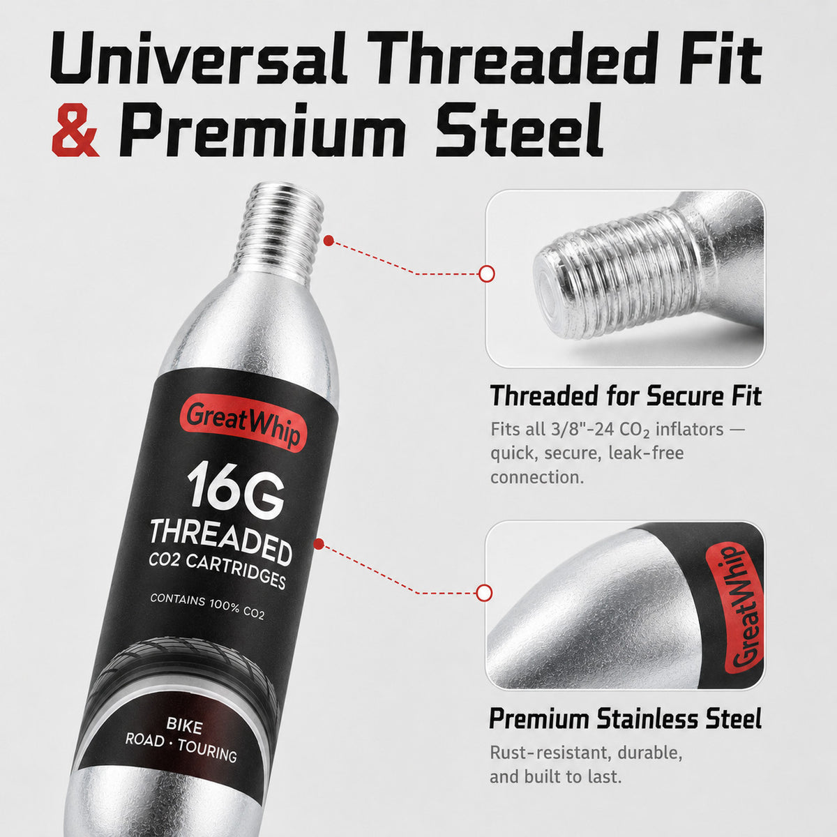 CO2 Bicycle Tire Inflator Cartridge 16g for Bike Mountain & Road Tires