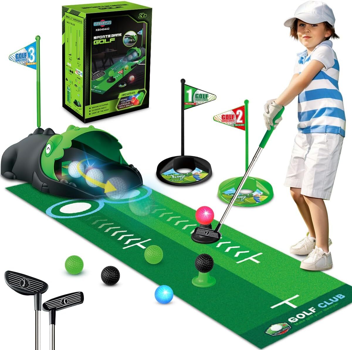 Kids Golf Set with Dinosaur Automatic Ball Return & LED Light
