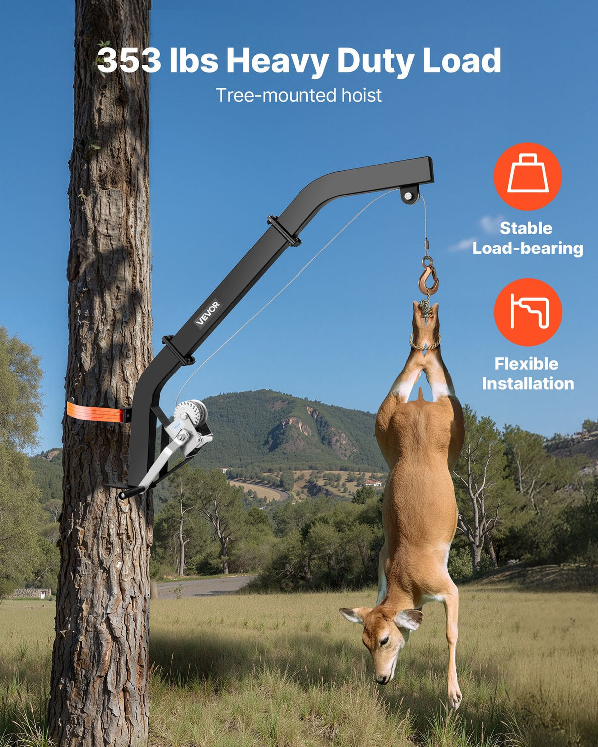 Tree Mounted Deer Hoist with Winch & Gambrel - Heavy Duty Game Lift