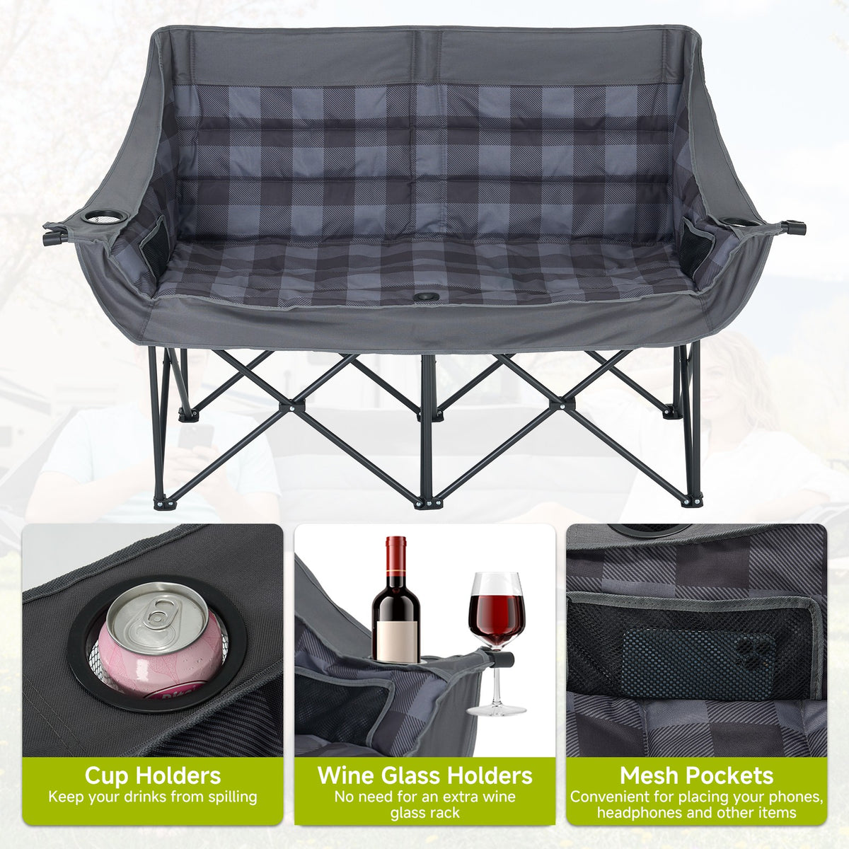 Oversized Folding Camping Loveseat Chair for 2 with Padded Seat Support 660lbs