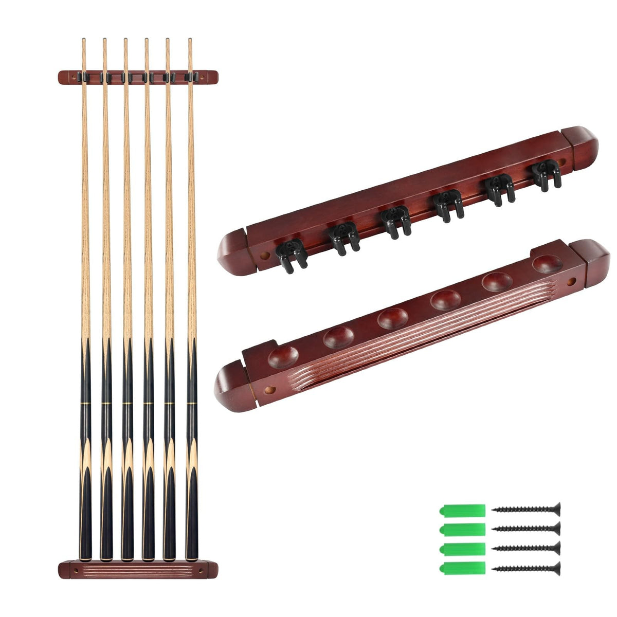 Wall-Mounted Pool Cue Rack for 6 Cues – Pine Wood, Clips & 2 Racks