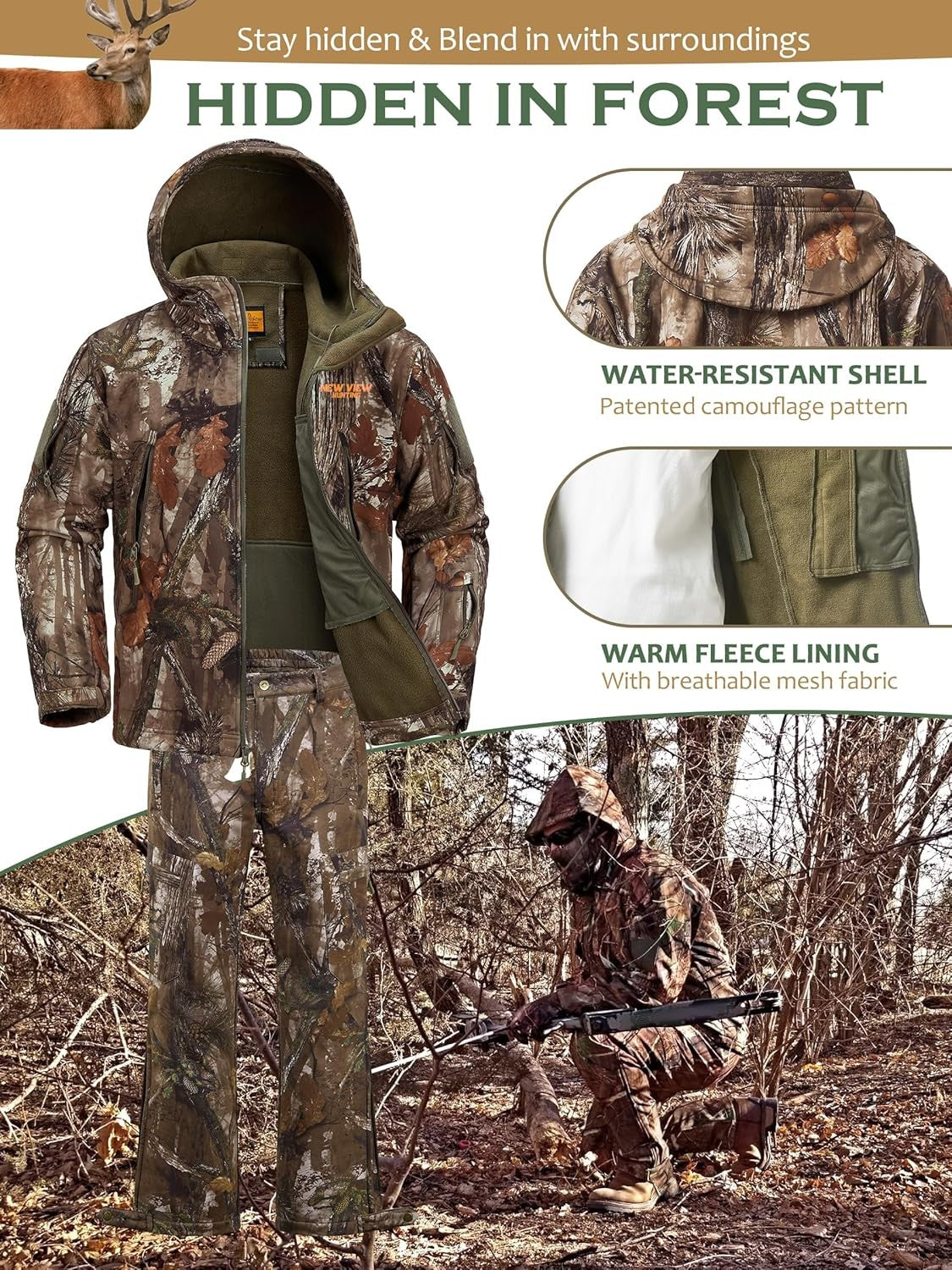 Men's Camouflage Hunting Clothes Set Quiet Warm Jacket & Pants