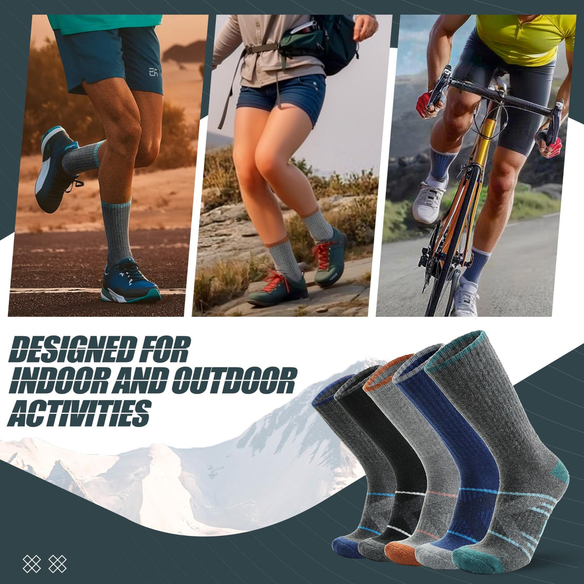 Merino Wool Hiking Socks - Large, Moisture-Wicking, Supportive, Multi-Color Set