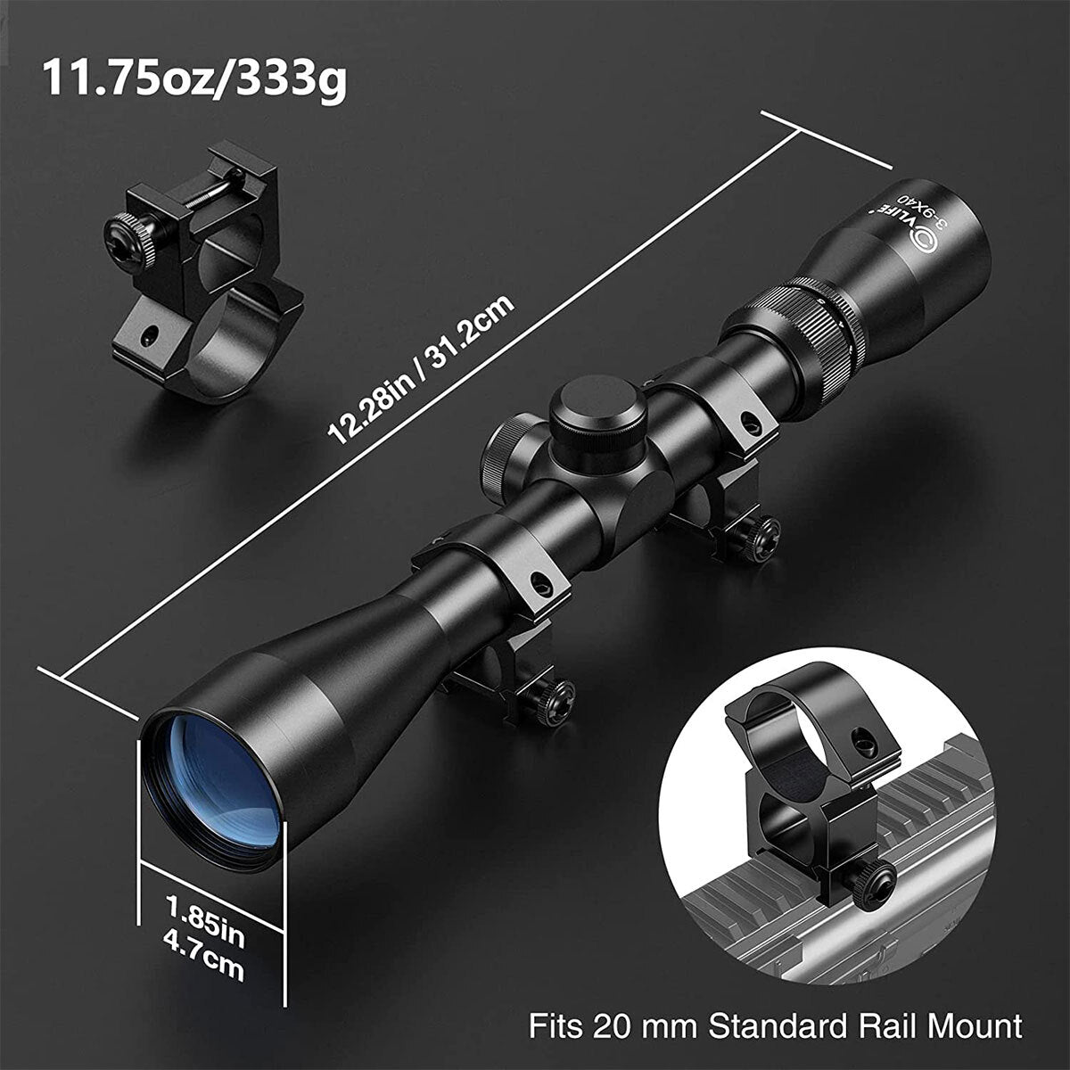 3-9X40mm with Mil Dot Crosshair, 1-Inch Mount, Hunting Optics