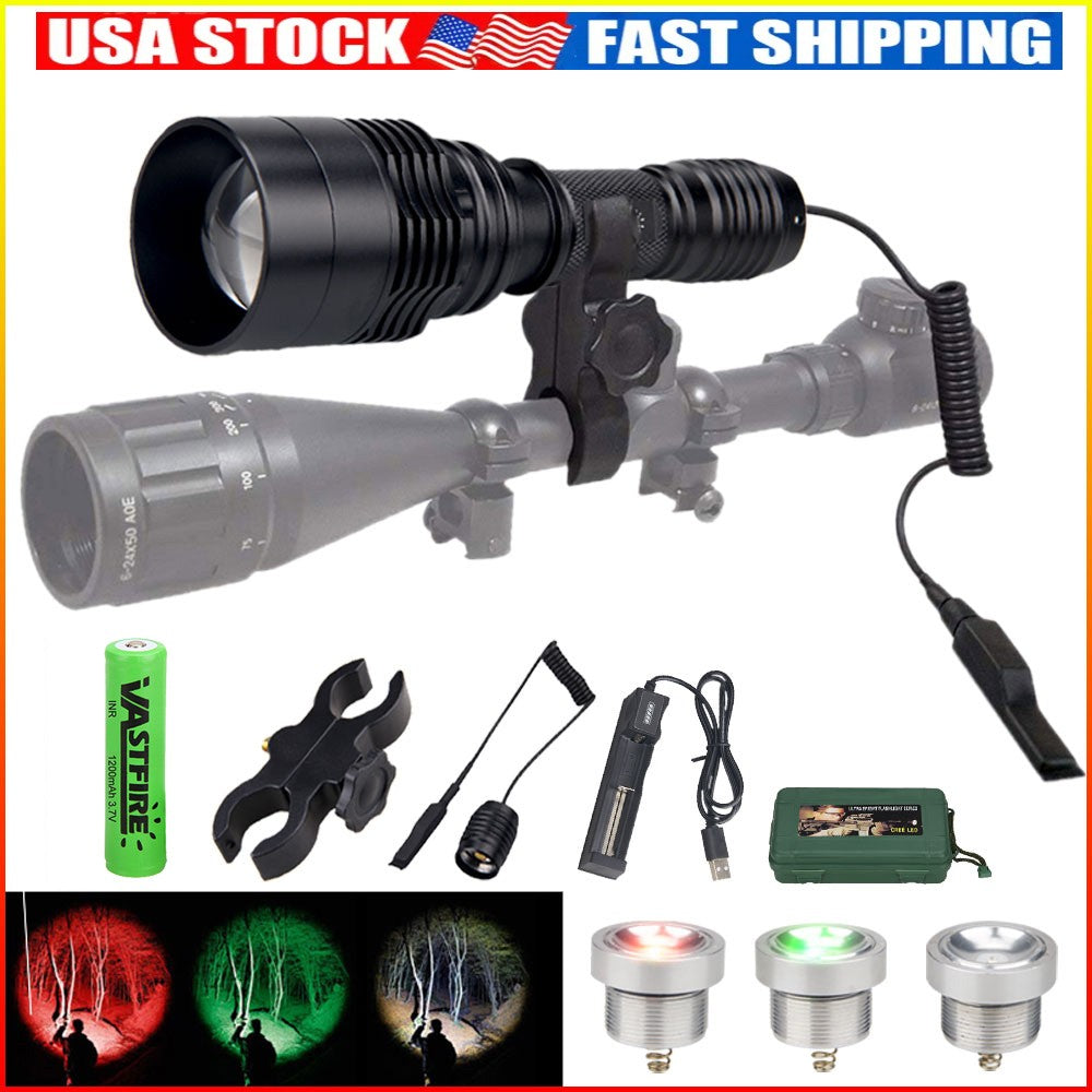 LED Hunting Flashlight with Red Green White Lights Long Range Outdoor Torch