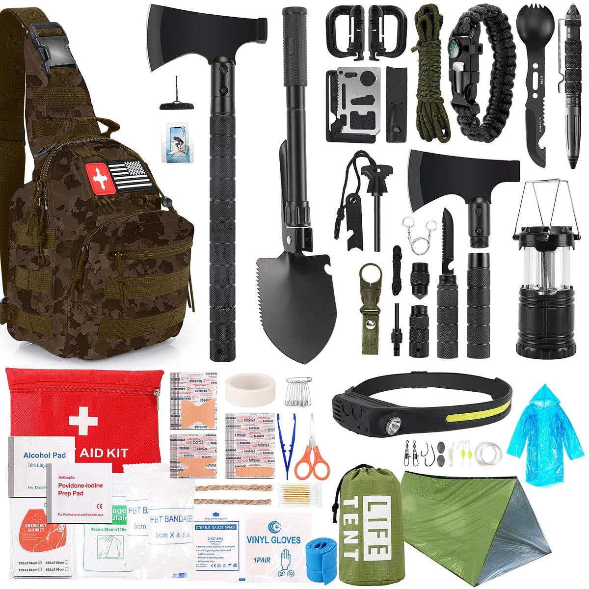 Emergency Survival Kit with First Aid, Camping Axe, Headlamp & Gear