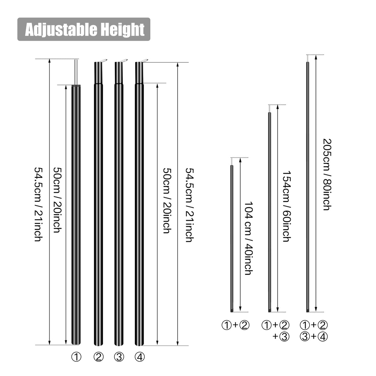 Adjustable Stainless Steel Tent Poles Set of 2 for Camping Hiking Canopy