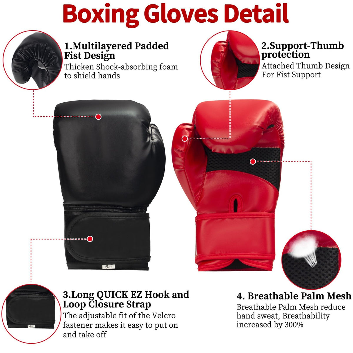 8-Piece Boxing Gloves Set with Headgear and Hand Wraps - PU Leather, Black & Red