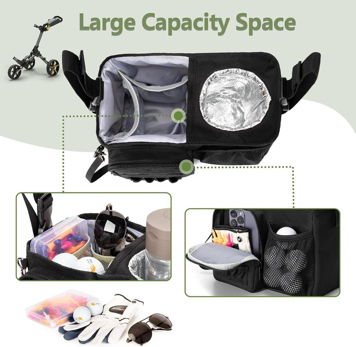 Golf Push Cart Organizer with Insulated Cup Holder & Storage Pockets