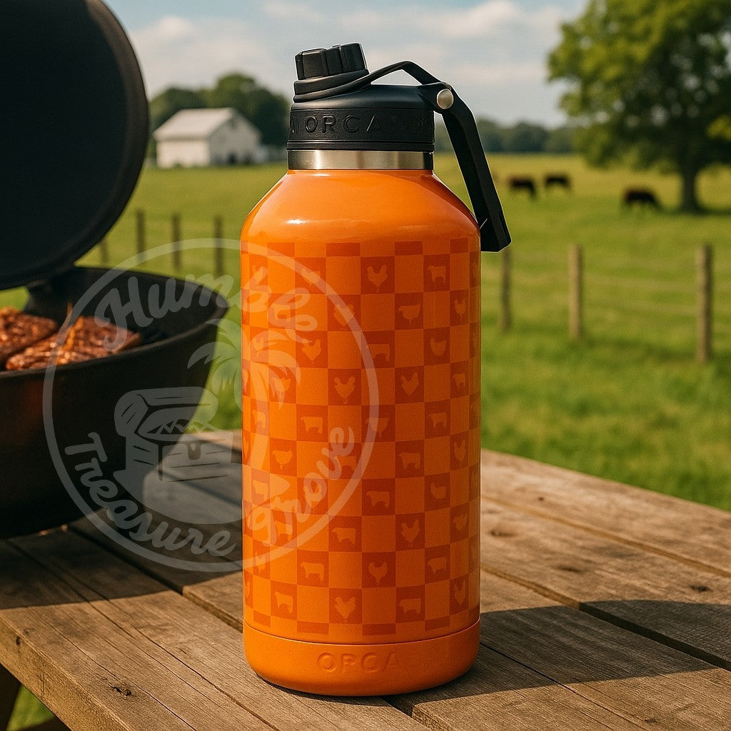 Insulated Stainless Steel Water Bottle 66 oz Checkered Farm Orange