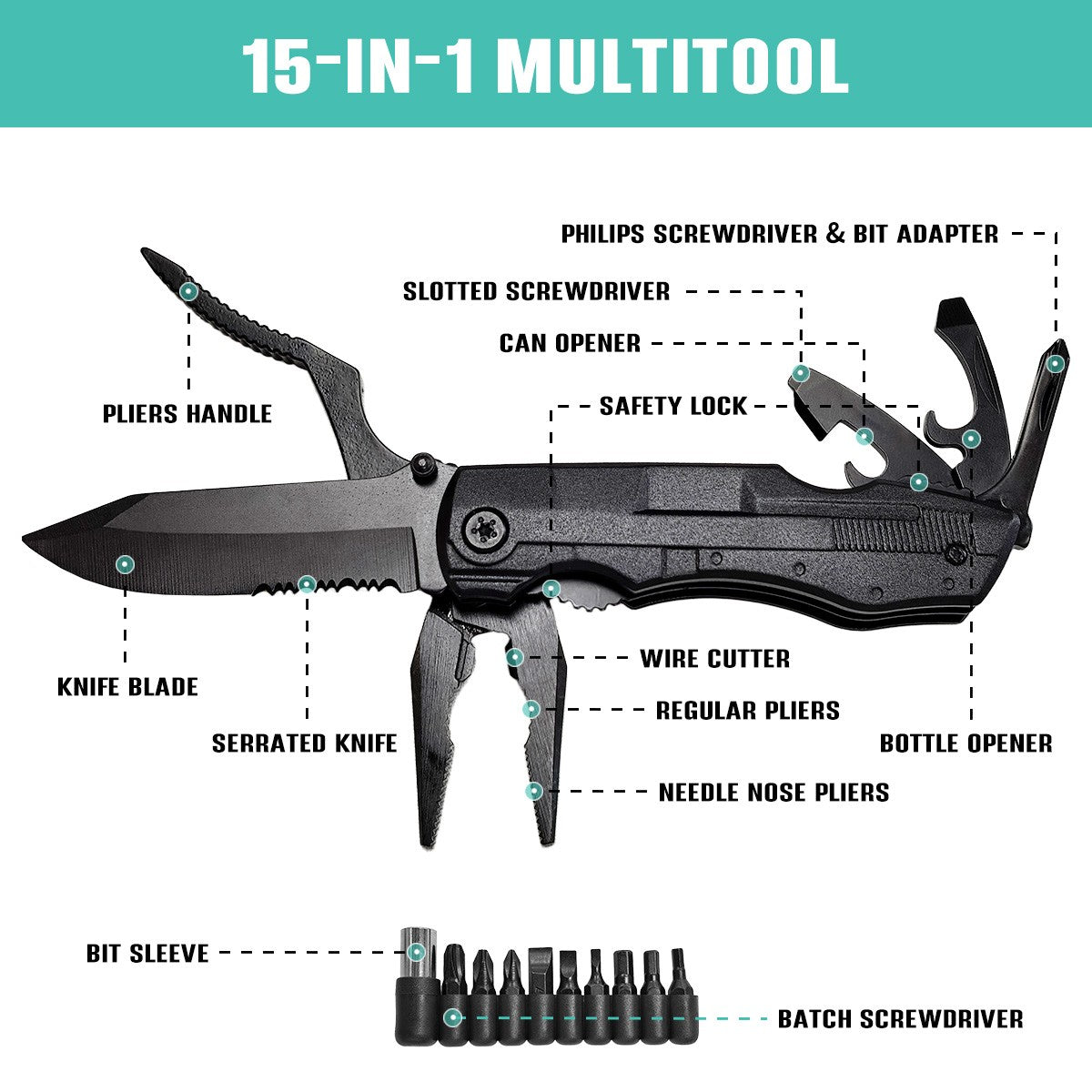 15-in-1 Folding Multitool Knife with Pliers, Screwdriver Bits & Sheath