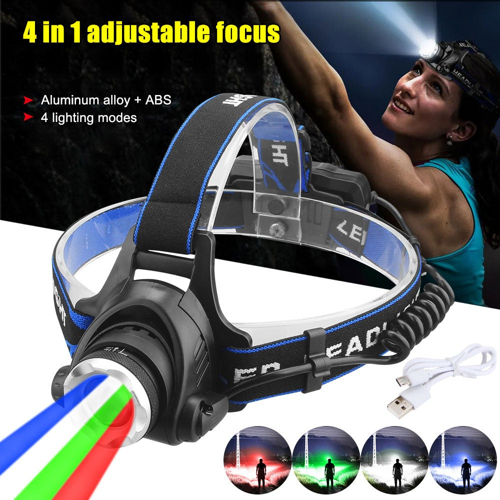 4-in-1 RGB LED Headlamp with Rechargeable Head Torch for Hunting Camping