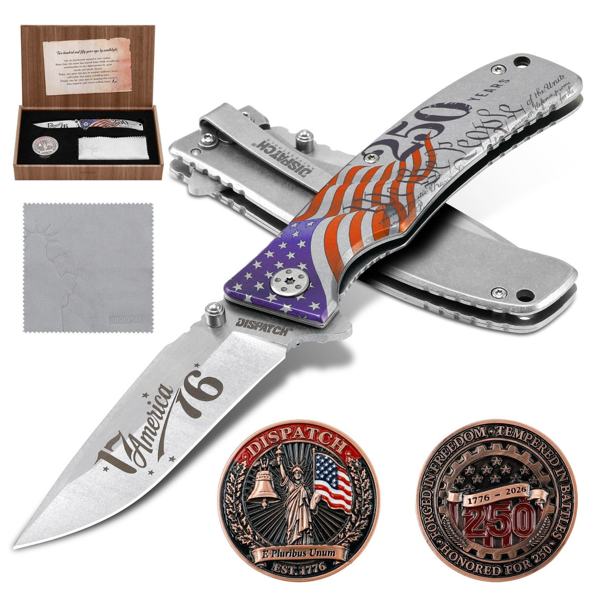 Patriotic 250th Anniversary Collectible Pocket Knife & Coin Set with Handle Options