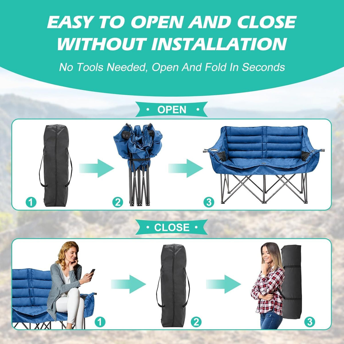 Heavy Duty Double Camping Chair for 2 People Folding Loveseat 990lb Capacity