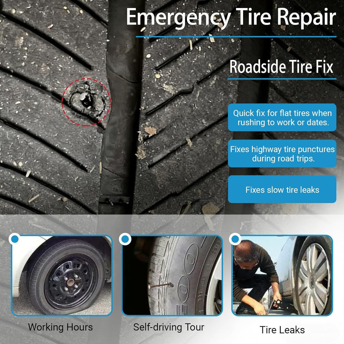 Tire Repair Kit with Rubber Nails and Screwdriver - 100Pcs Universal Puncture Fix