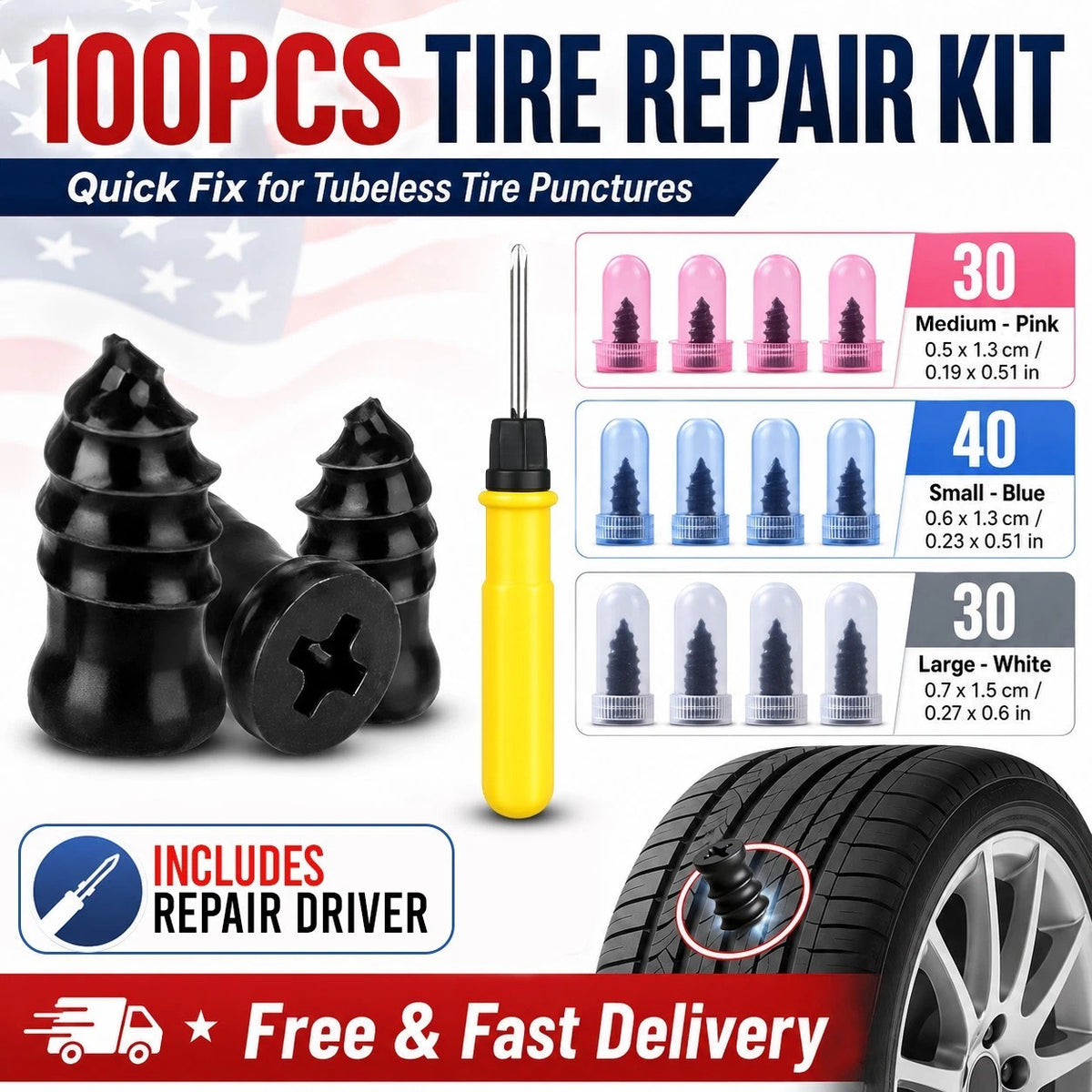 Tire Repair Kit with Rubber Nails and Screwdriver - 100Pcs for Car, Bike, Truck