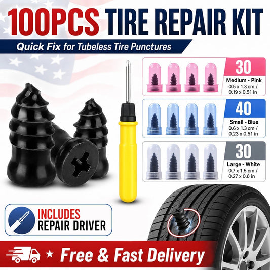 Tire Repair Kit with Rubber Nails and Screwdriver - 100Pcs for Car, Bike, Truck