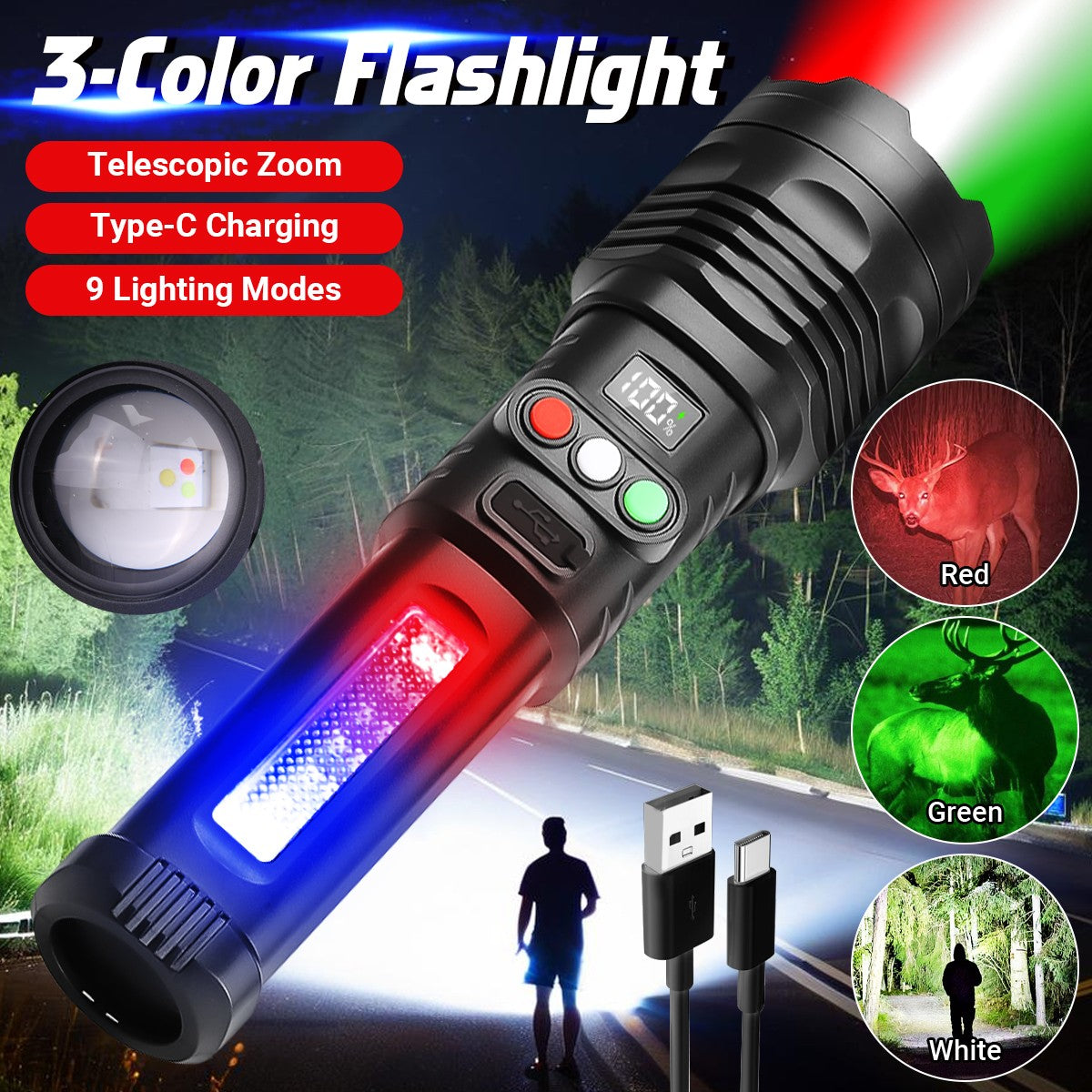 Rechargeable 990000 Lumen LED Tactical Flashlight with 3 Color Modes and COB Work Light