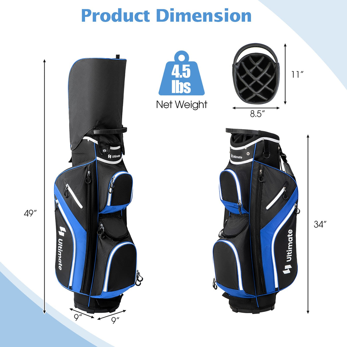 Lightweight Golf Cart Bag with 14-Way Dividers, Waterproof Pockets & Rain Hood - Blue