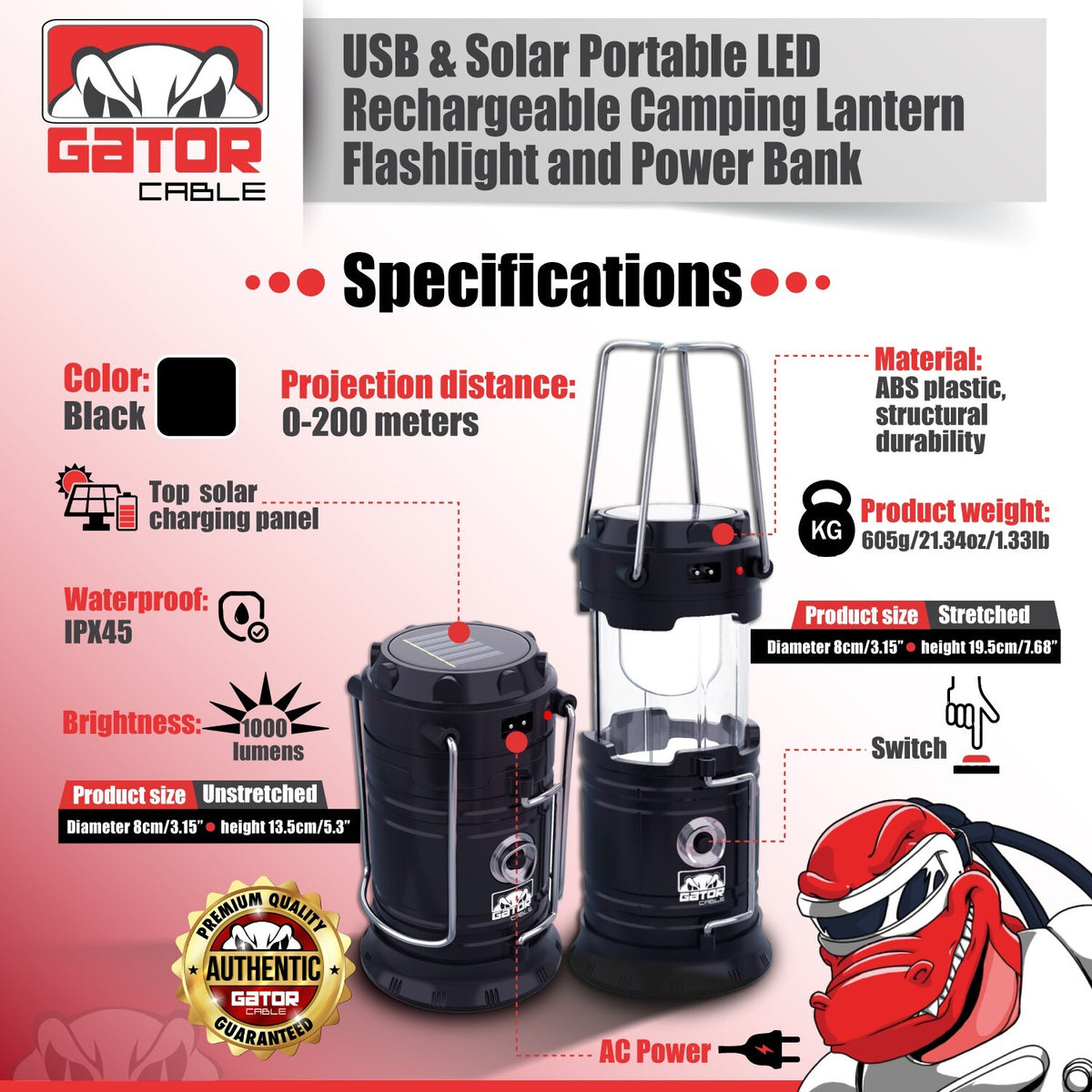 Rechargeable Solar Camping Lantern & Flashlight with Power Bank - 7 LED