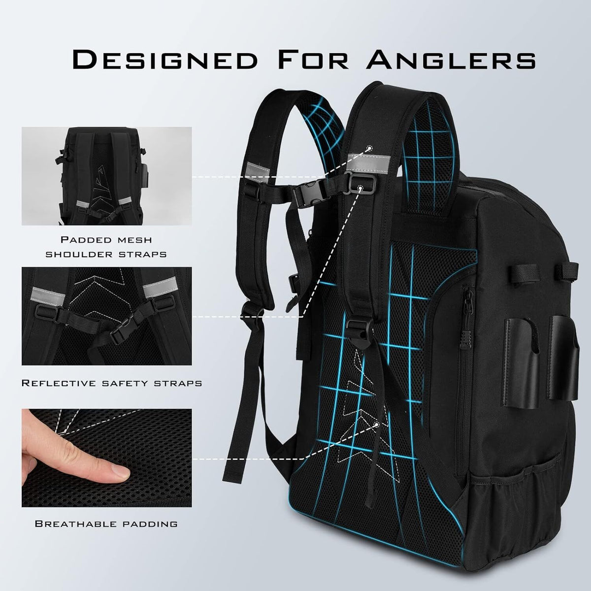 Fishing Tackle Backpack with Rod Holders 4 Tackle Boxes 40L Outdoor Bag