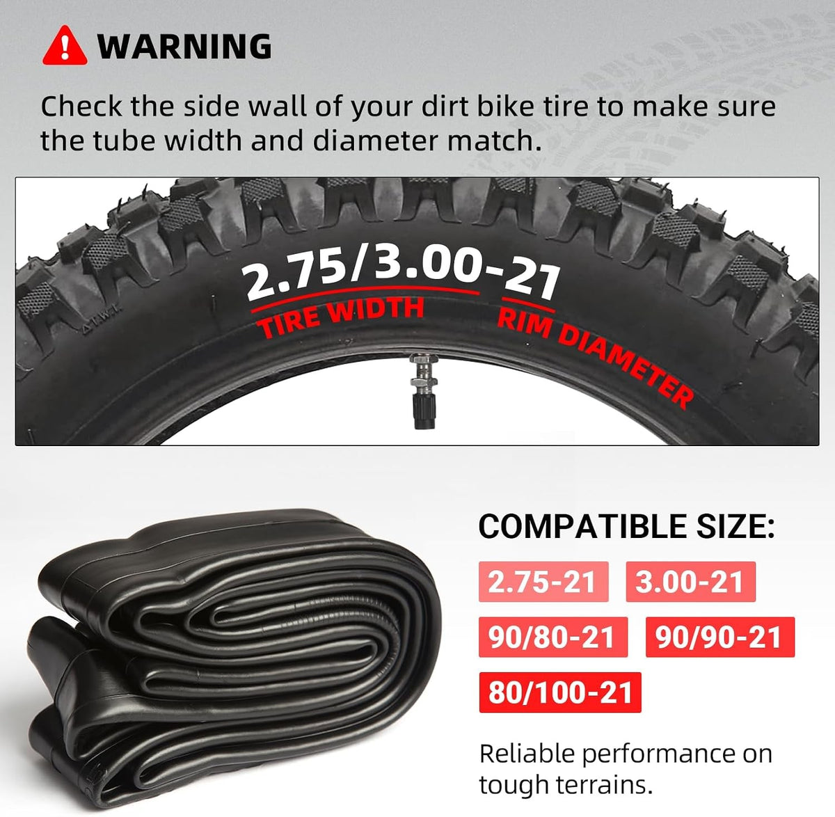Heavy Duty 21-Inch Dirt Bike Inner Tube for Off-Road Motorcycles - 90/90-21, 80/100-21 Sizes