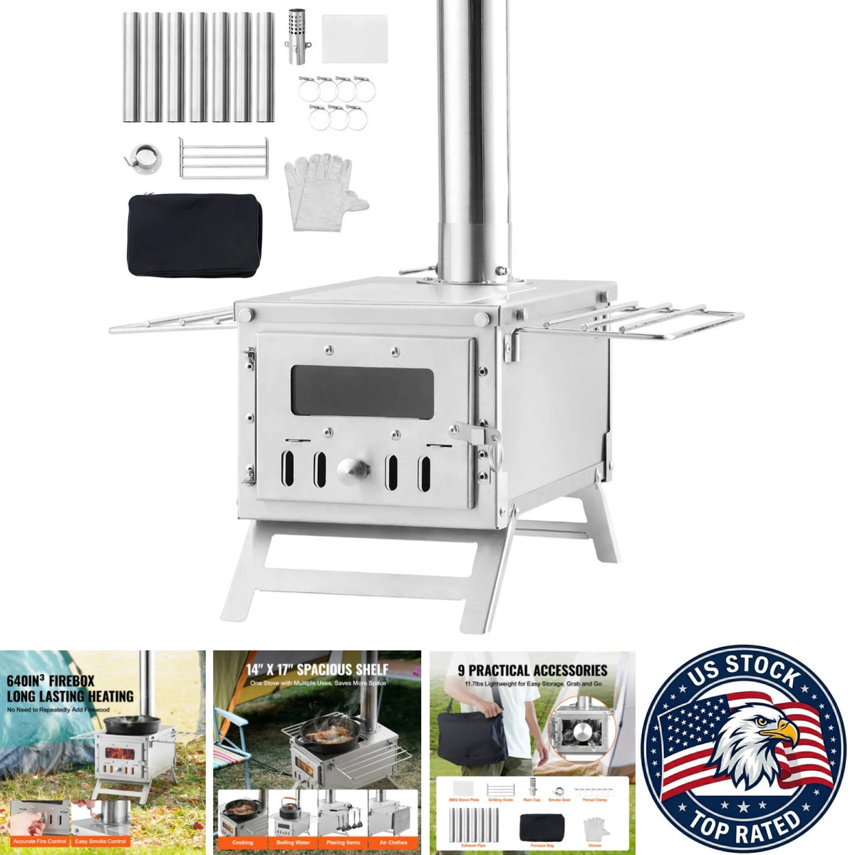 Portable Stainless Steel Camping Wood Stove with Chimney - Outdoor Tent Heating